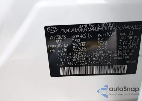 2019 Hyundai Santa Fe Sel Plus из США, поврежденный, VIN 5NMS33AD3KH021866